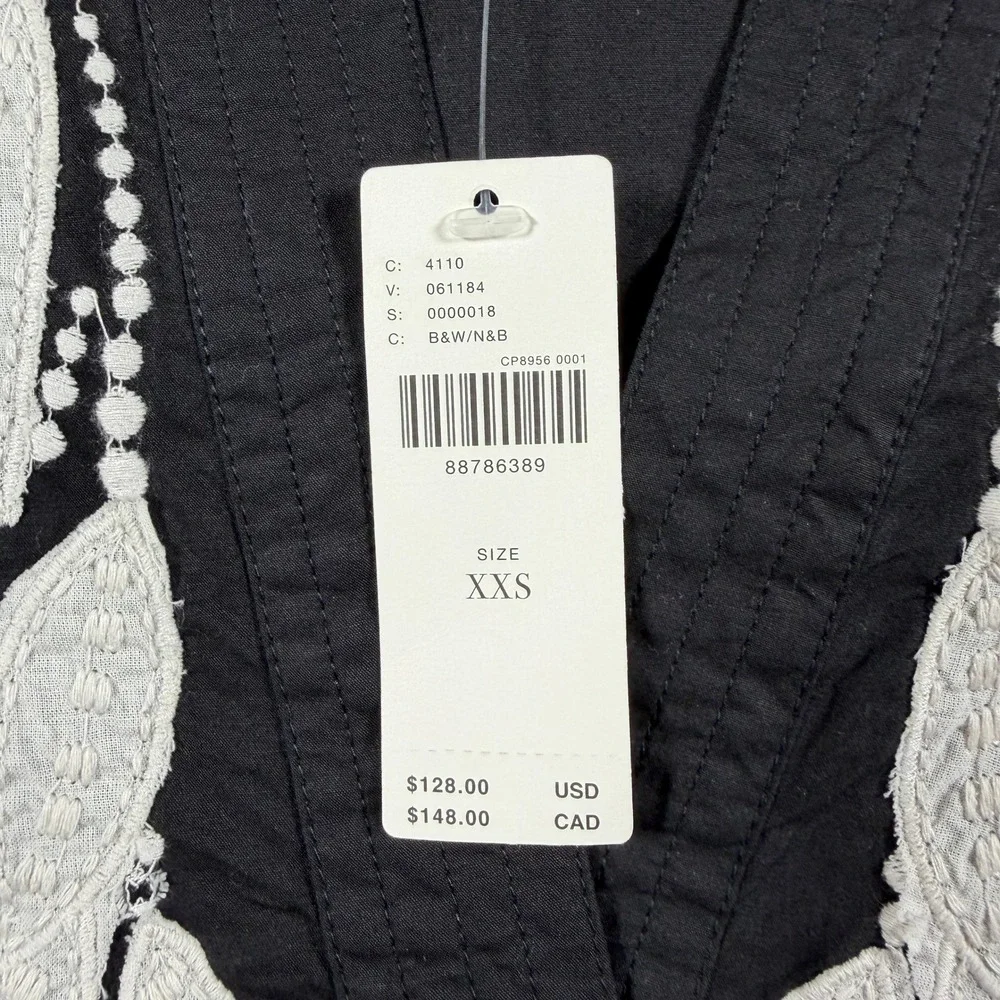 Anthropologie Puff Sleeve Blouse Women XXS Black Embroidered Split Neck NWT